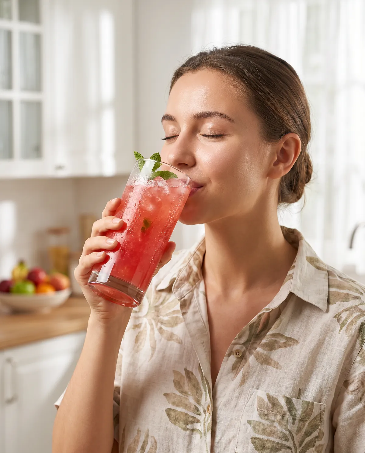 Frau trinkt genussvoll ein Glas Wassermelonen-Bolero in heller Küche